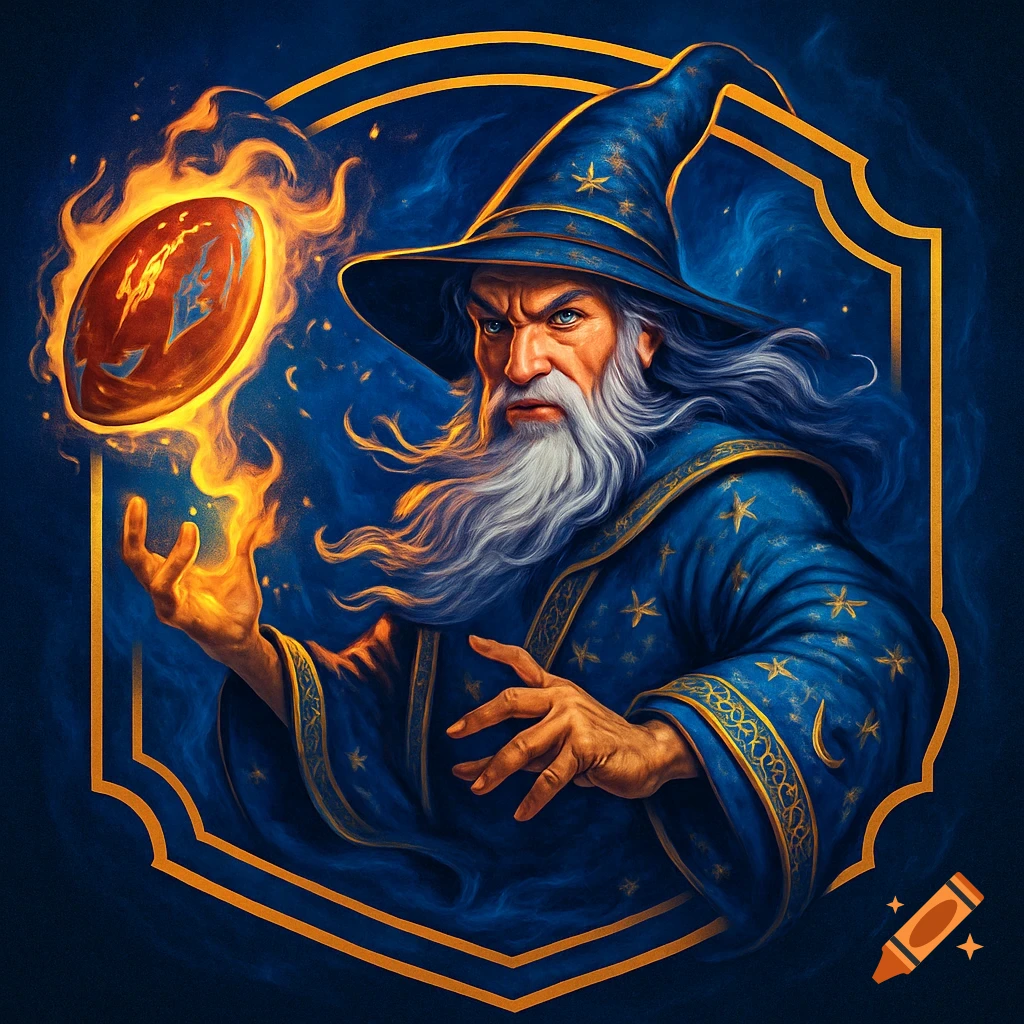 A powerful wizard in a blue robe and hat with stars, holding a glowing, flaming American football. Digital art.