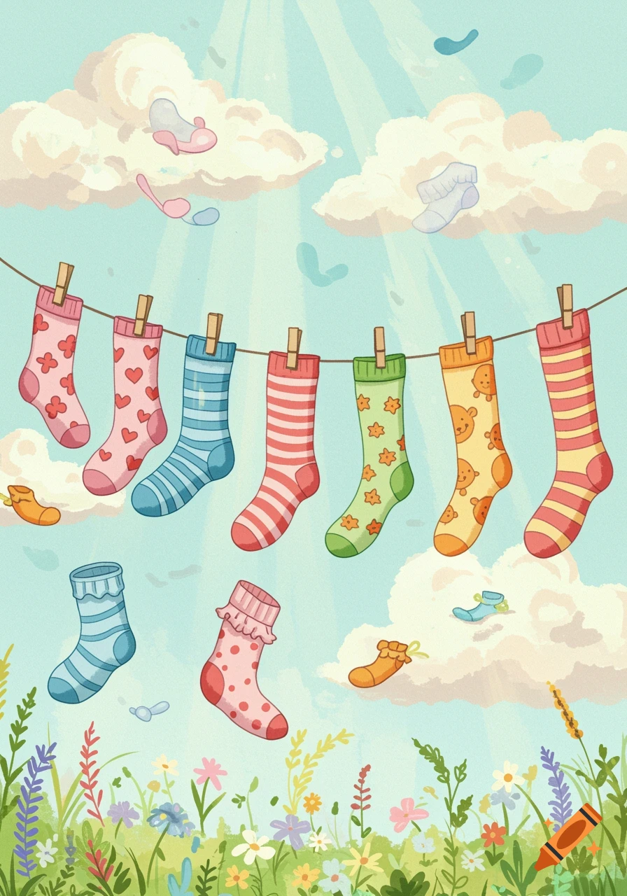 A whimsical illustration of colorful, patterned socks hanging on a clothesline under a sunny, cloudy sky, with a field of wildflowers below.