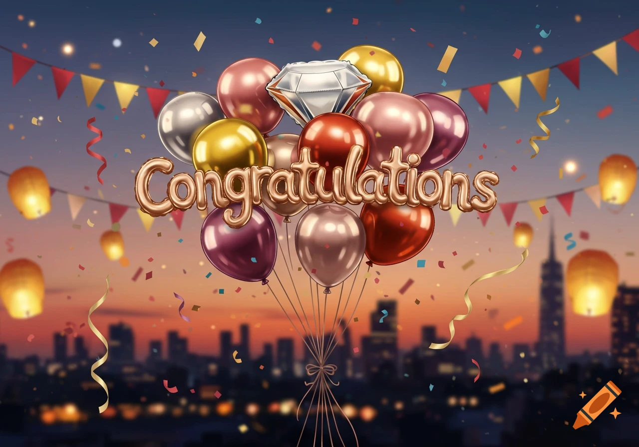 Foil balloons spelling 'Congratulations' with a diamond balloon, confetti, streamers, and lanterns over a city skyline at sunset.