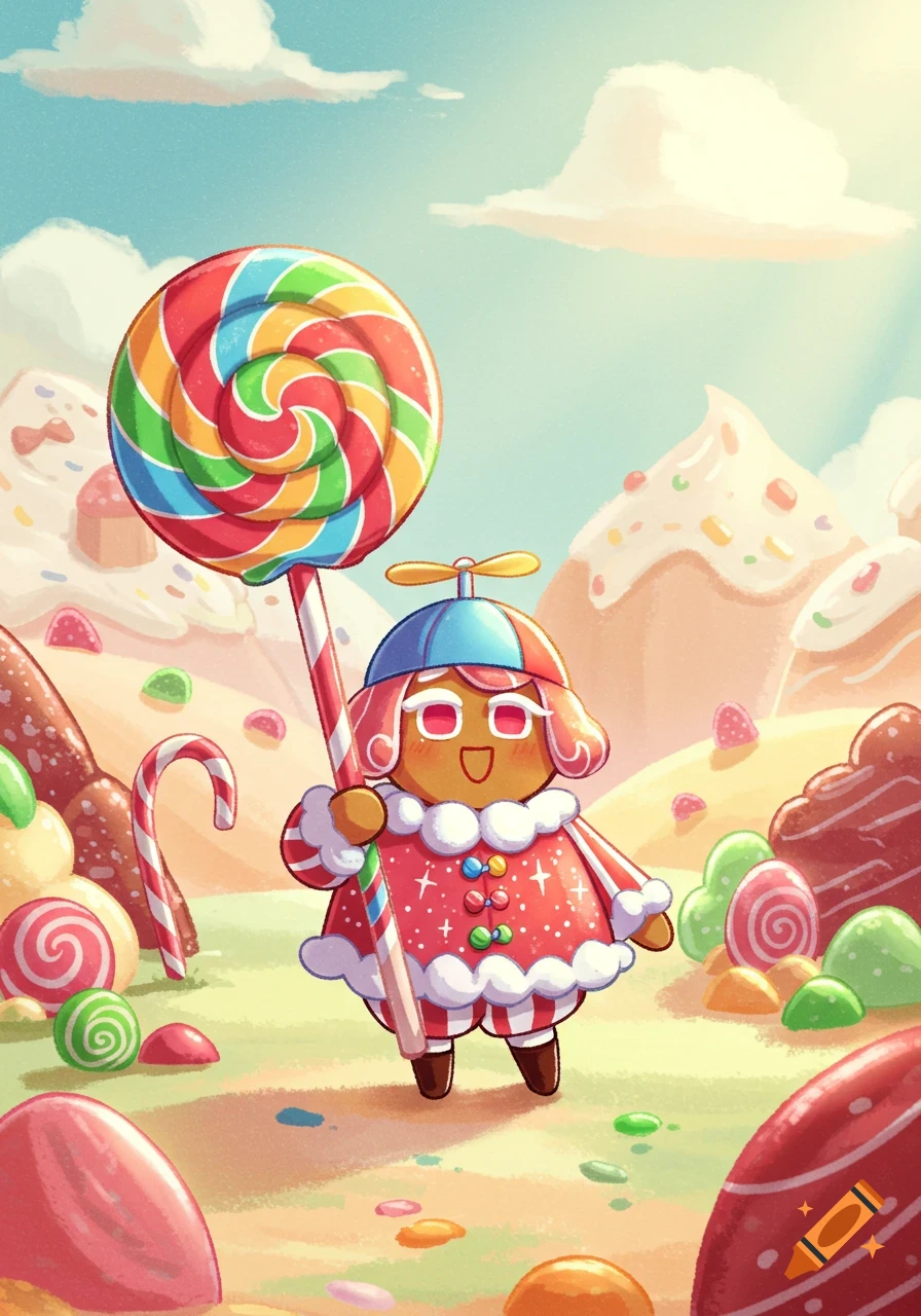 A cartoon cookie character with a propeller hat holds a giant rainbow lollipop in a sunny candy land.