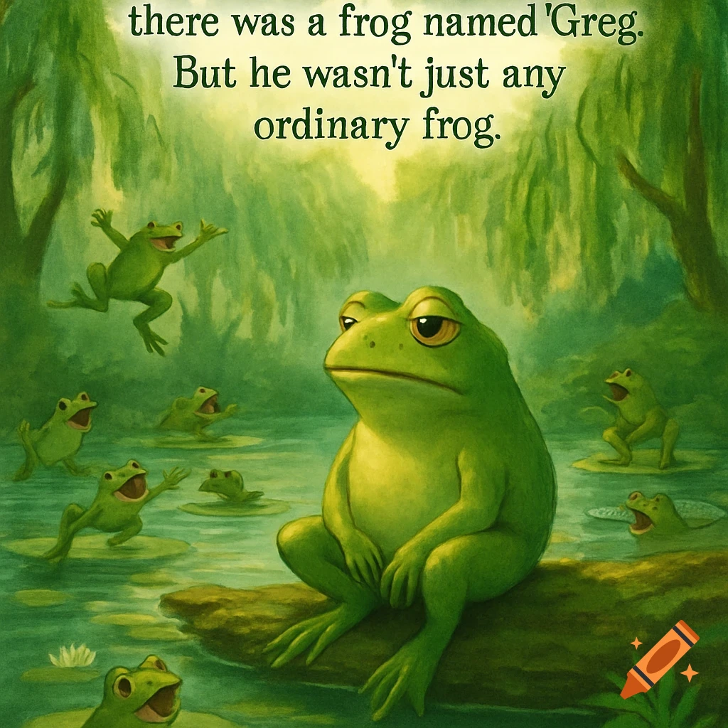 A large, sad-looking frog sits on a log in a green pond, surrounded by smaller, happy frogs playing in the water. Text above reads, "there was a frog named 'Greg. But he wasn't just any ordinary frog." The style is a lush, green illustration.