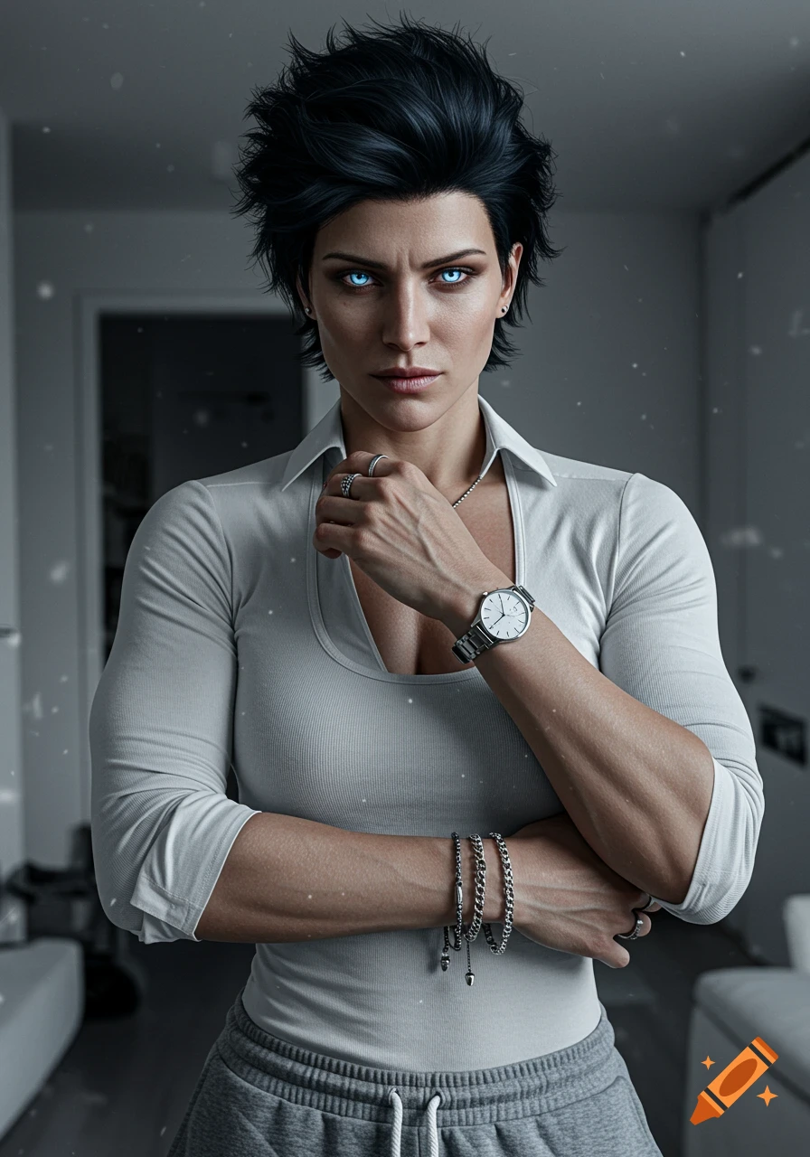 A serious woman with short black hair and bright blue eyes, wearing a white collared shirt and gray sweatpants, stands in a room.