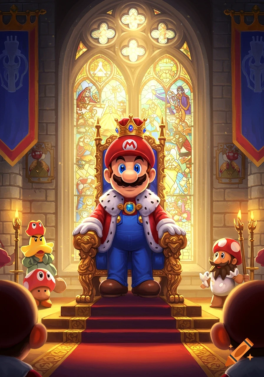 King Mario sits on a golden throne in a grand castle hall with stained glass windows, surrounded by other characters.