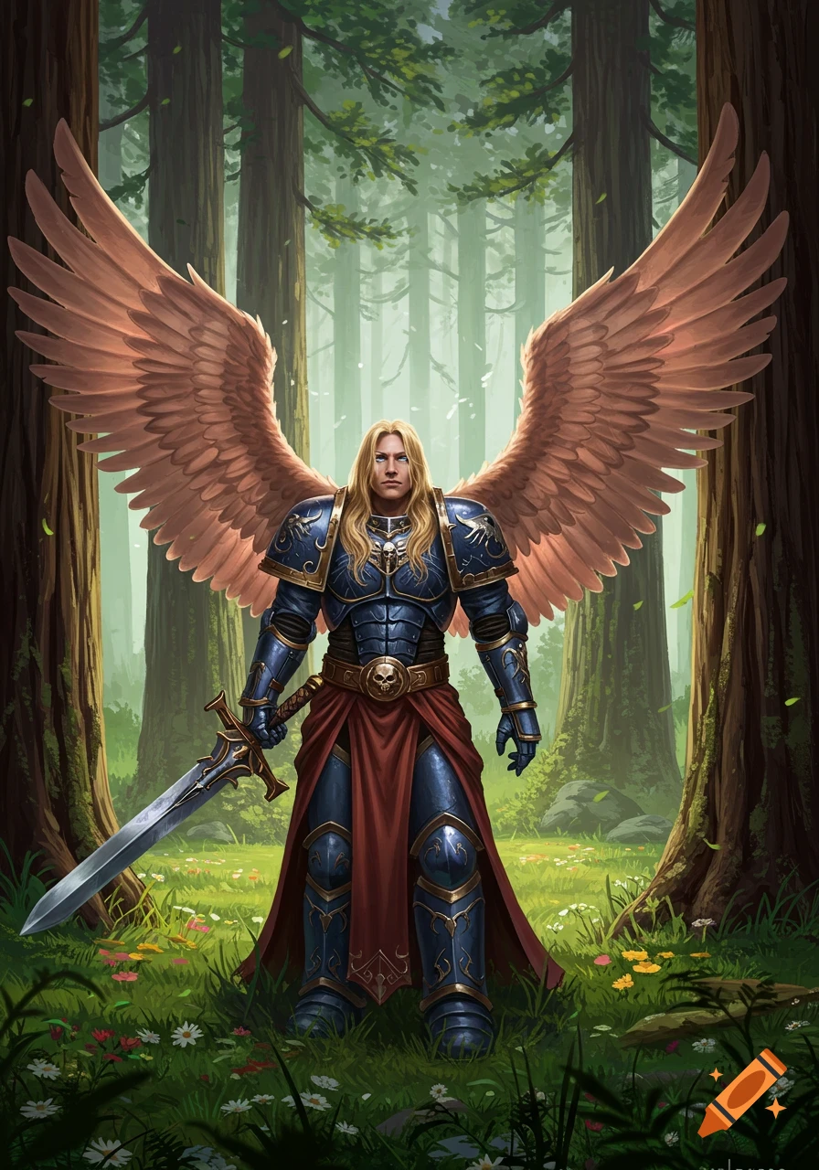 A powerful, winged man in blue and gold armor stands in a sunlit forest, holding a large sword.