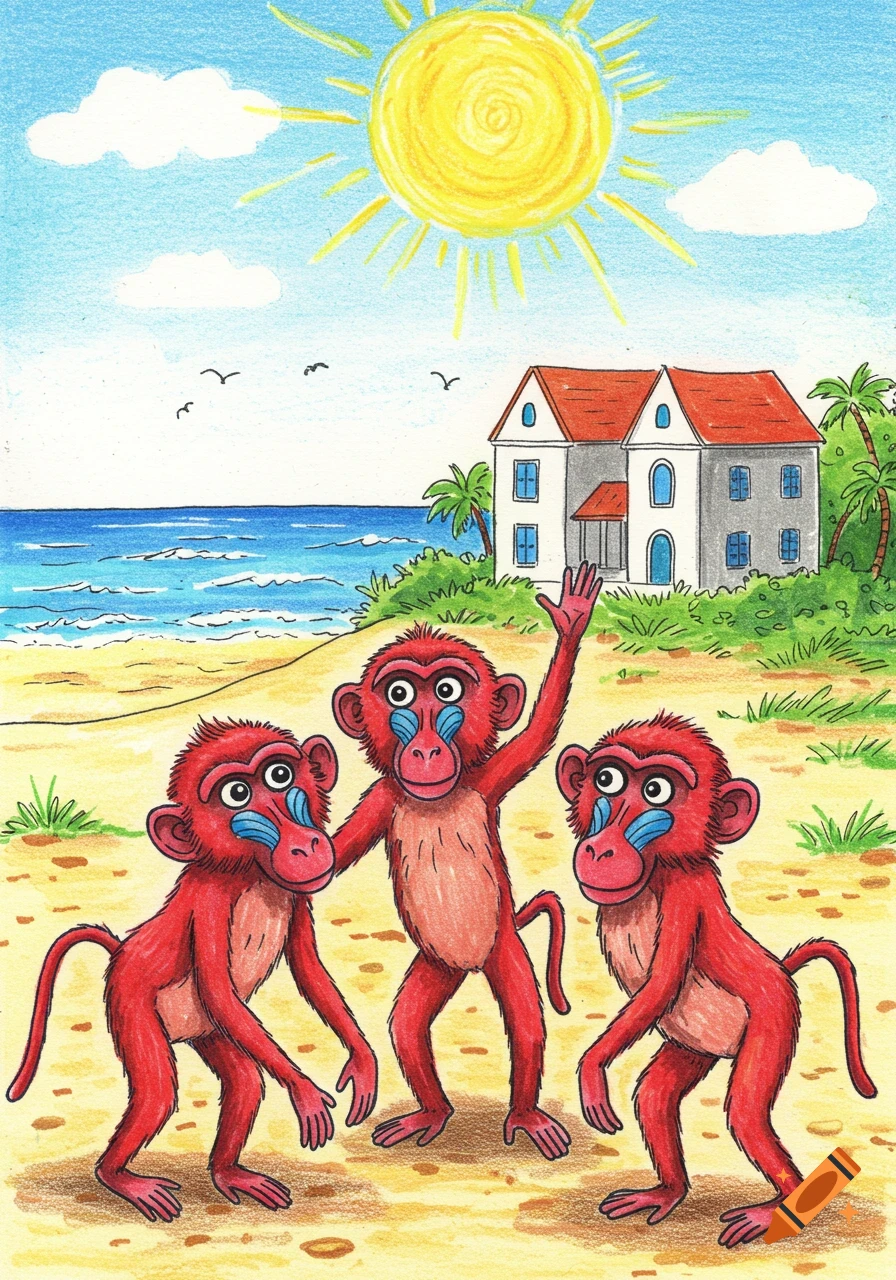 Three red baboons with blue faces stand on a sunny beach by a white mansion, in a child-like colored pencil drawing.