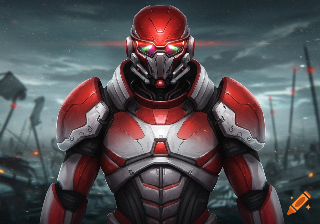 A red and white armored futuristic robot with glowing, multicolored eyes stands against a dark, desolate background.