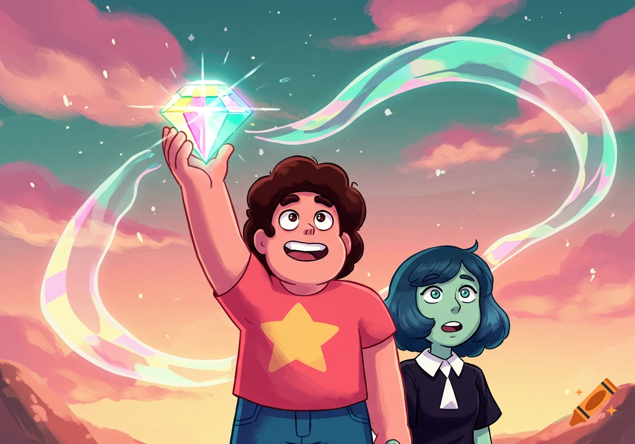 Steven Universe cartoon character holds a glowing rainbow gem high, as another green-skinned character with blue hair looks on with a surprised expression under a pink and orange sky.