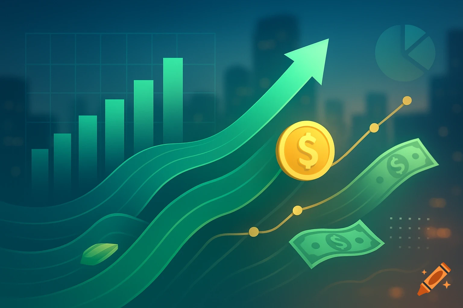 Stylized illustration of financial growth with a green arrow, bar chart, dollar coin, and banknotes against a city silhouette.