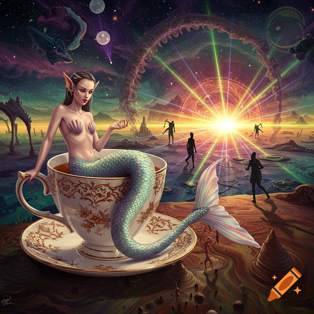 A mermaid in a teacup on a surreal alien landscape with shadow figures approaching a bright portal in the distance, cosmic sky.