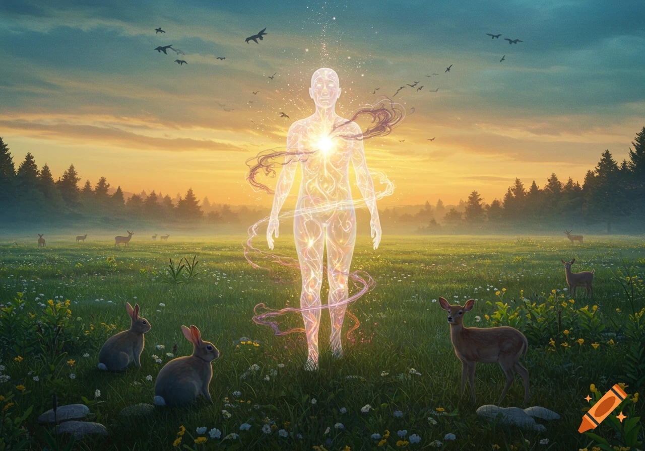 A glowing human figure stands in a lush field with rabbits and deer at sunrise, surrounded by birds.