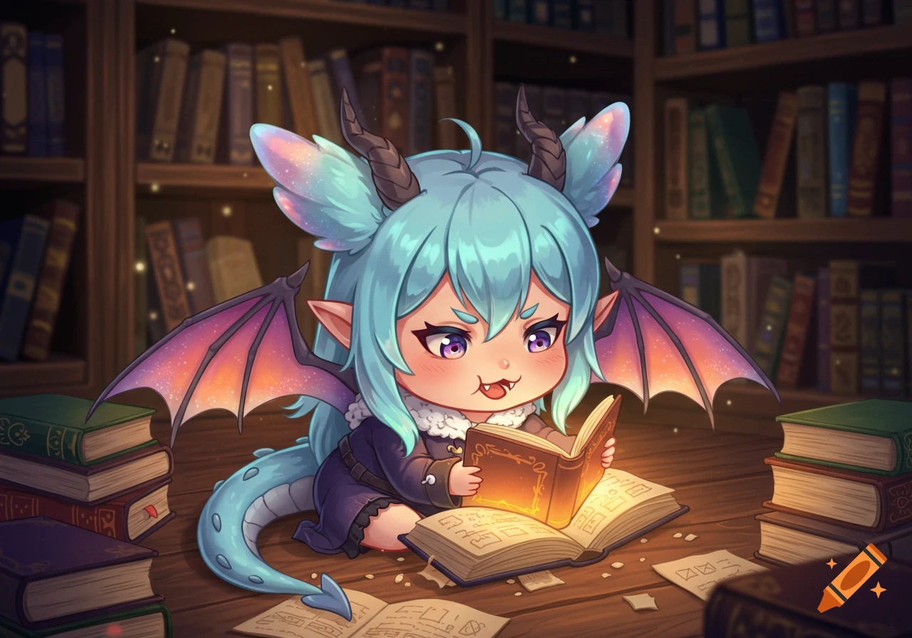 A cute chibi dragon girl with pastel blue hair and small wings sits on the floor in a library, eagerly reading a glowing book.
