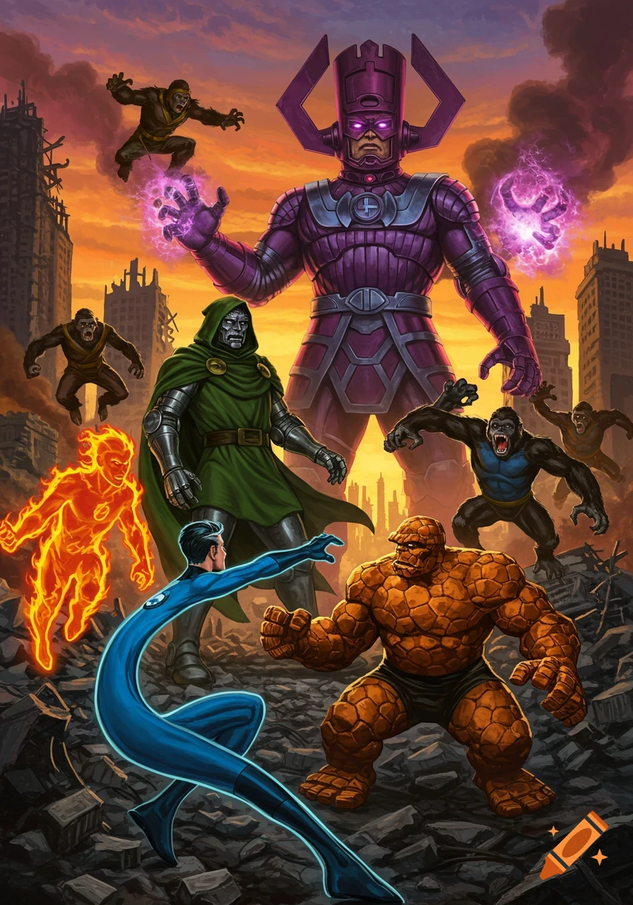 Galactus, Doctor Doom, and the Red Ghost's apes confront the Fantastic Four in a ruined city at sunset, comic book style.