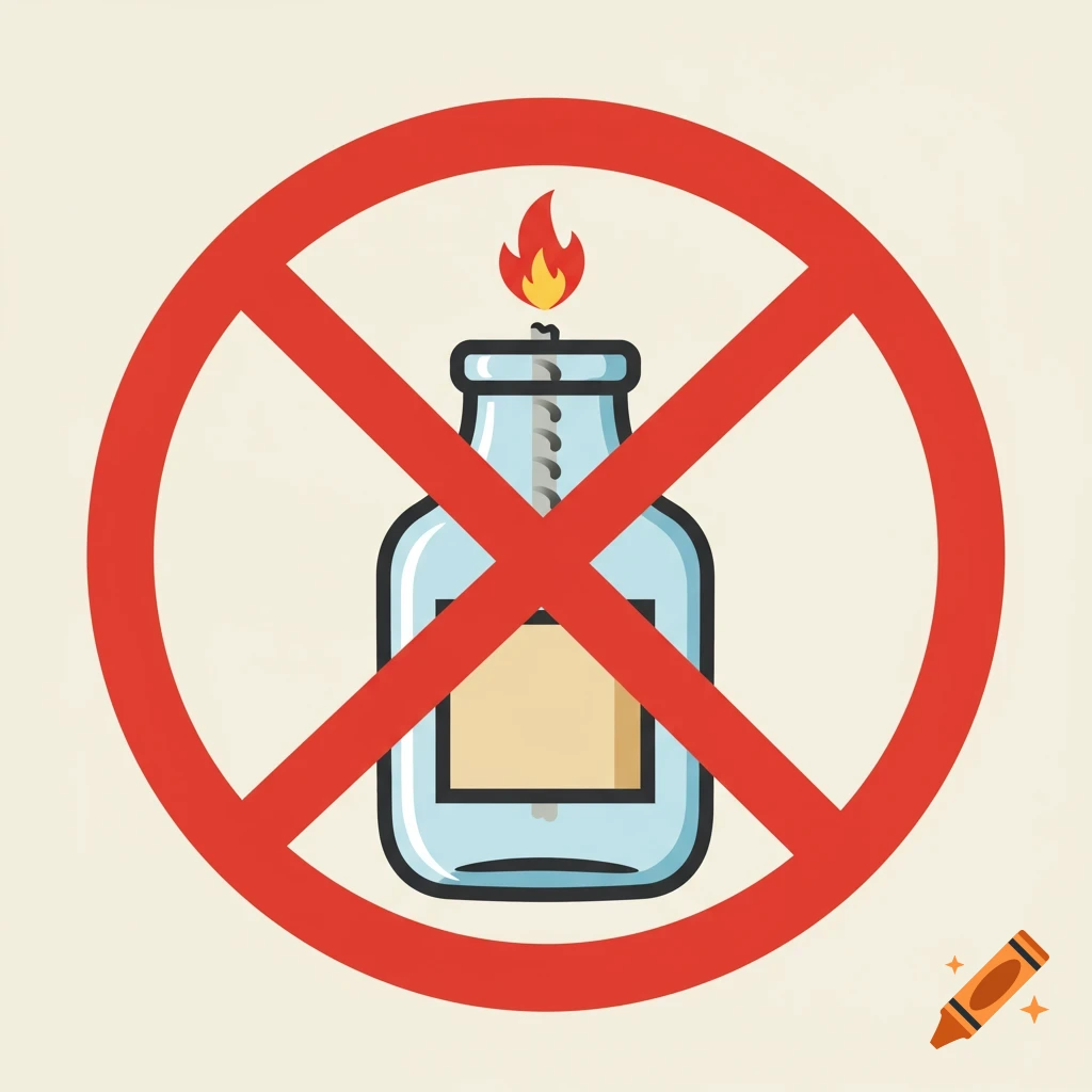 Illustration of a red prohibition sign over a light blue bottle with a burning wick.
