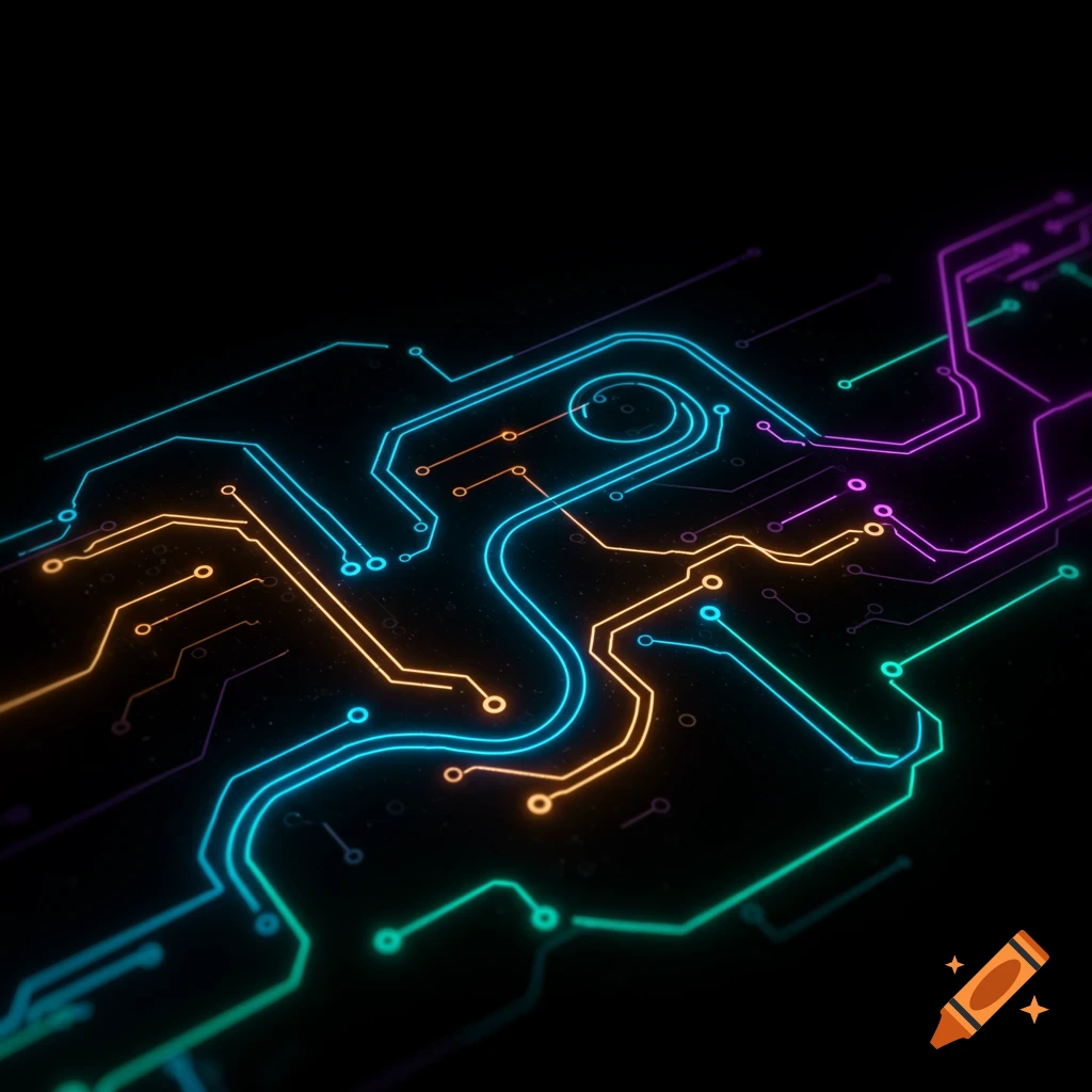 Glowing neon lines form a circuit board-like pattern on a dark background.