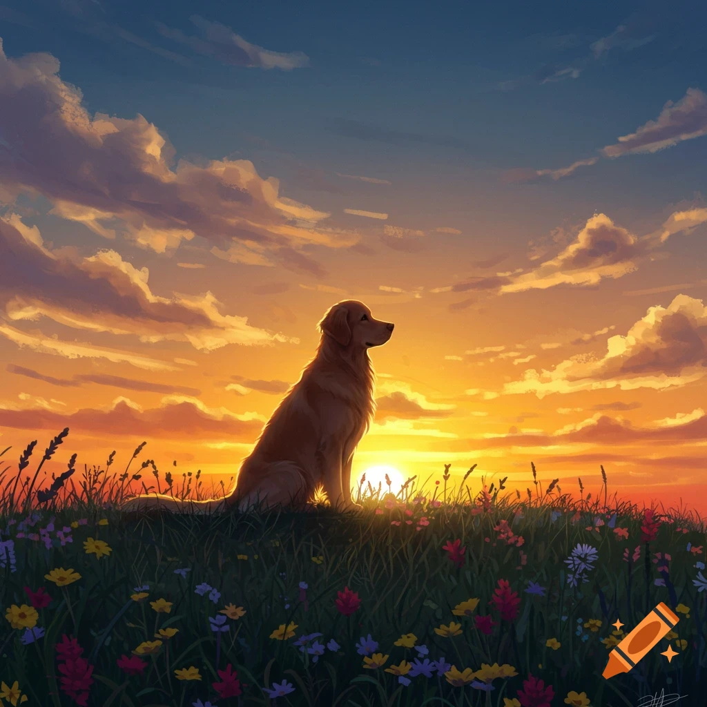 A golden retriever dog sits in a field of colorful wildflowers, silhouetted against a vibrant orange and yellow sunset.