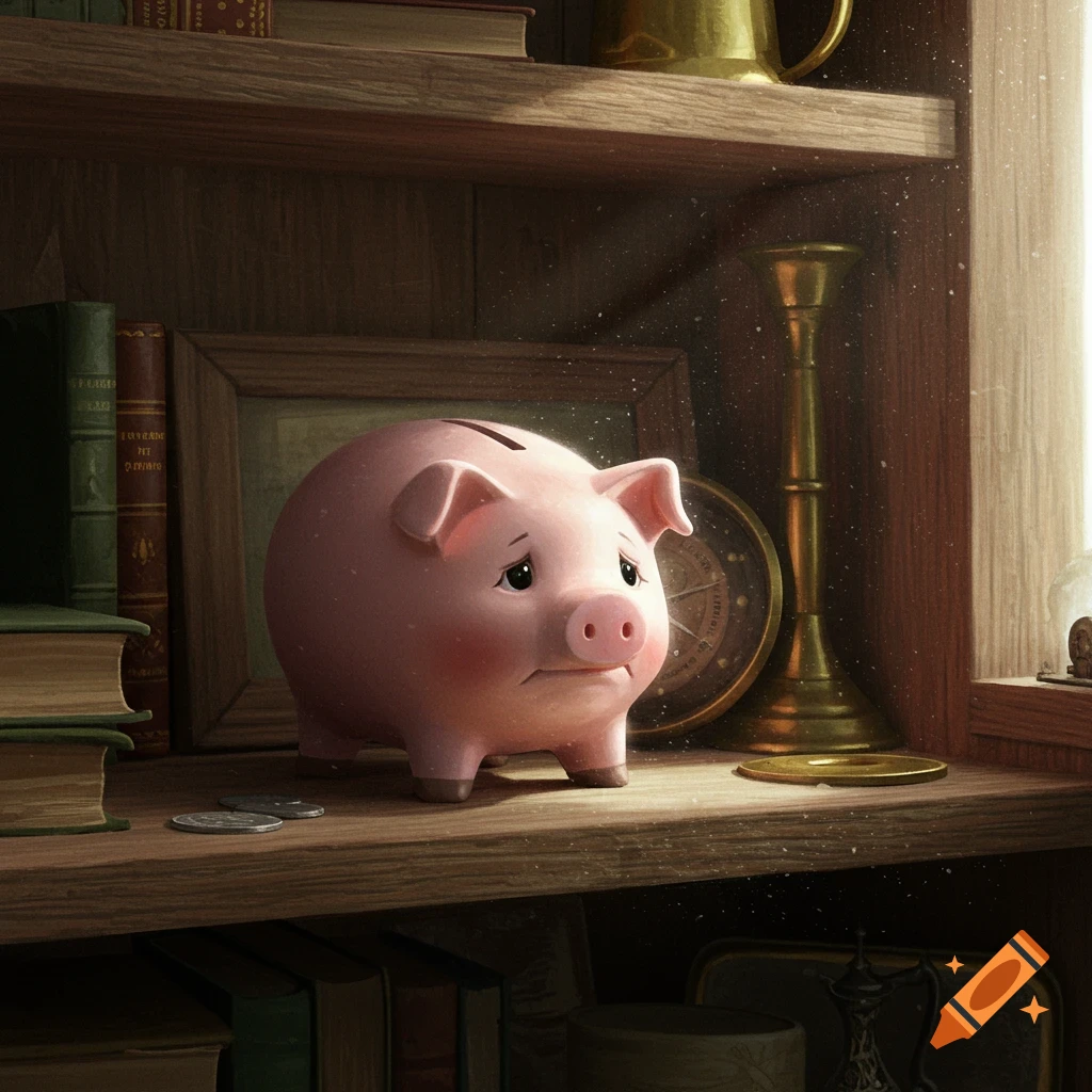 A forlorn pink piggy bank sits on a wooden shelf next to books and coins, bathed in a melancholic light.
