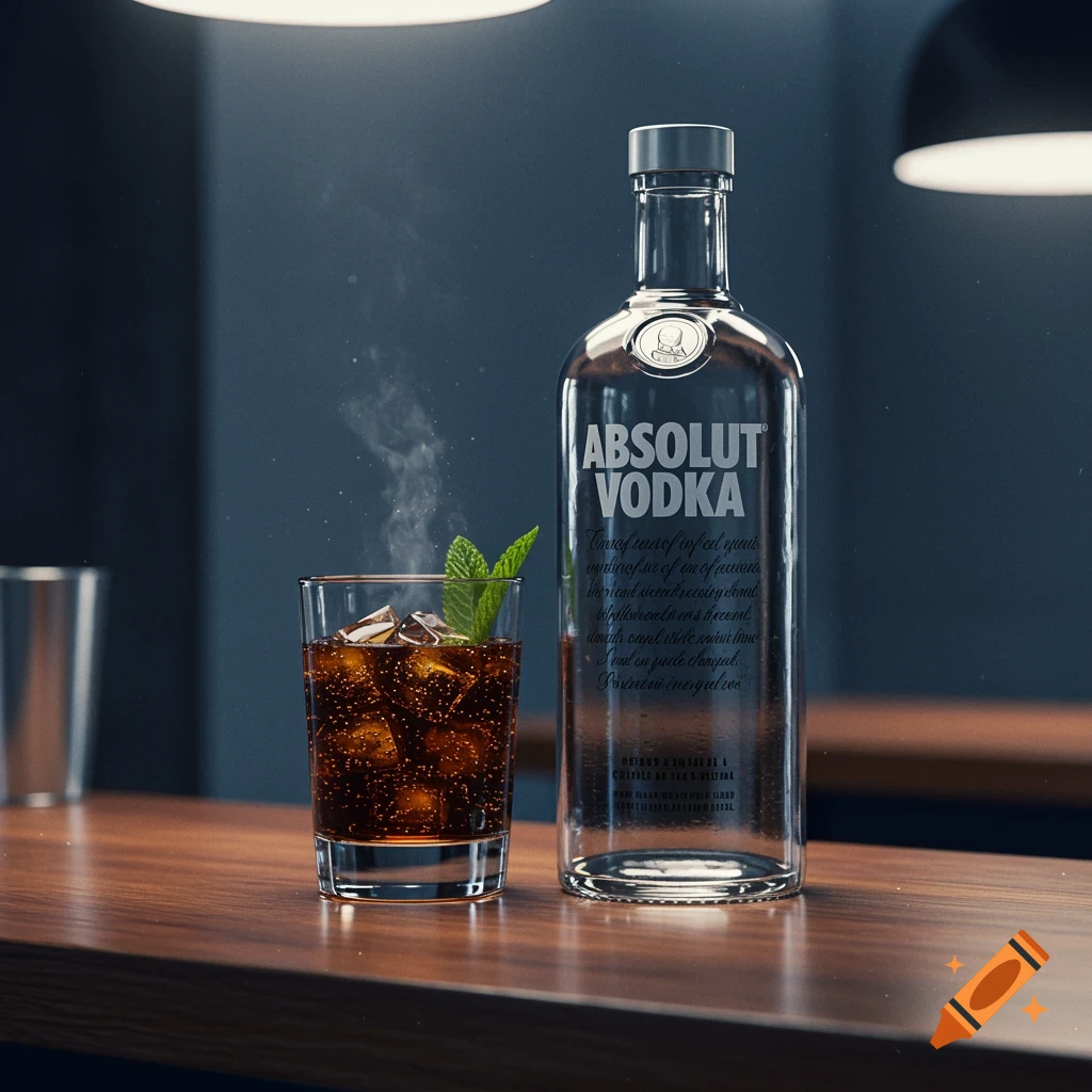 A photorealistic image of an Absolut Vodka bottle next to a glass of a dark, fizzy drink with ice and a mint sprig on a wooden bar under spotlights.
