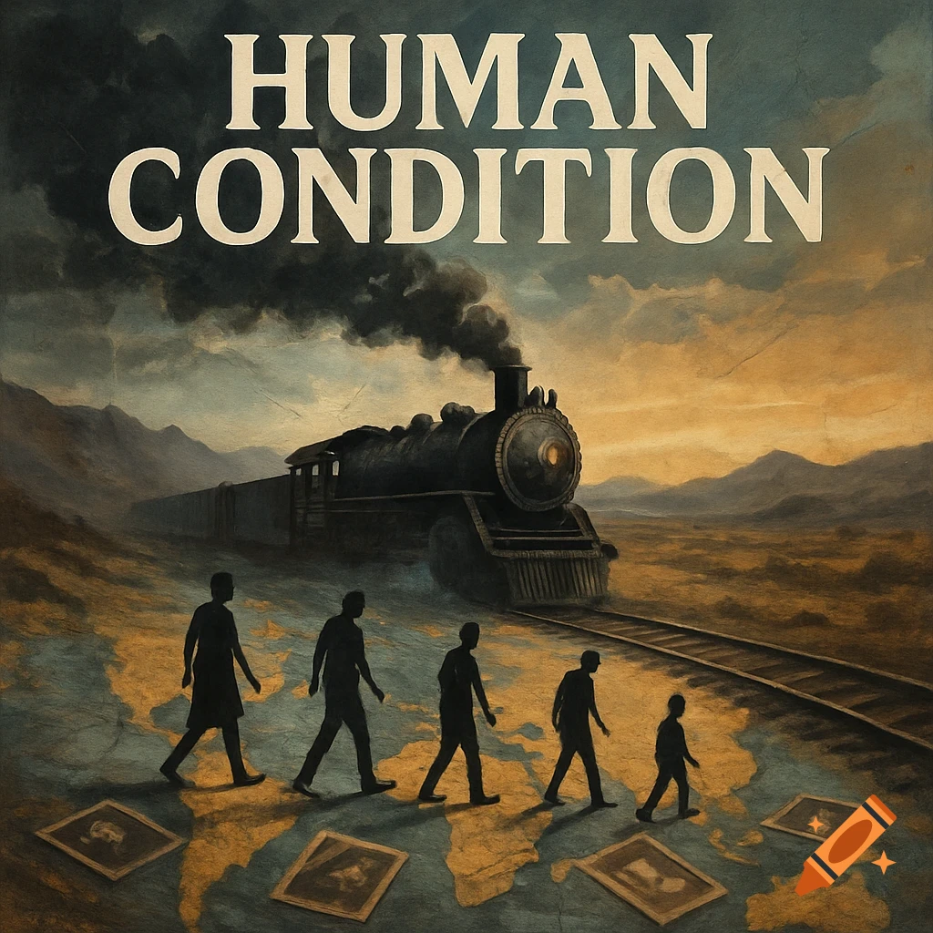Conceptual album cover with 'HUMAN CONDITION' text, showing silhouetted people walking on a world map in front of a train in a dark, vintage style.