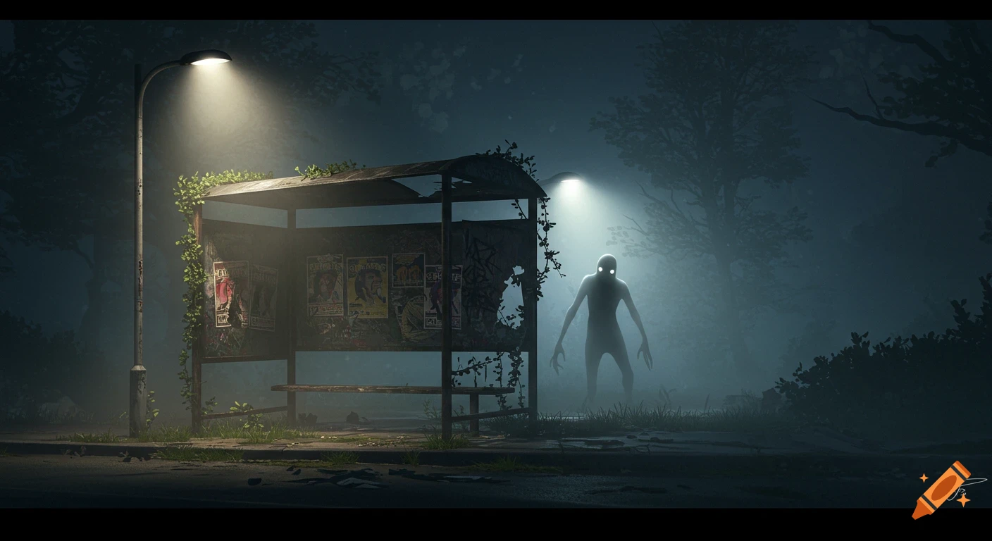 A shadowy, glowing-eyed creature stands in fog behind a dilapidated bus stop at night under a street lamp.