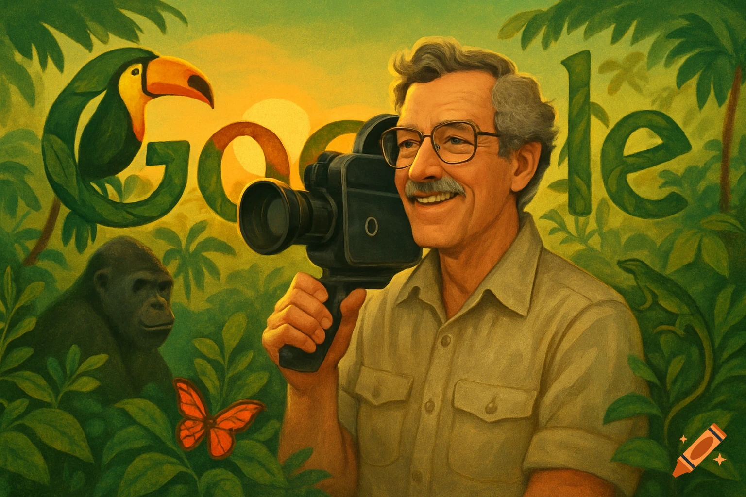 An illustrative painting of George Page filming with a movie camera in a lush jungle with a toucan, gorilla, butterfly, and the Google logo in foliage.