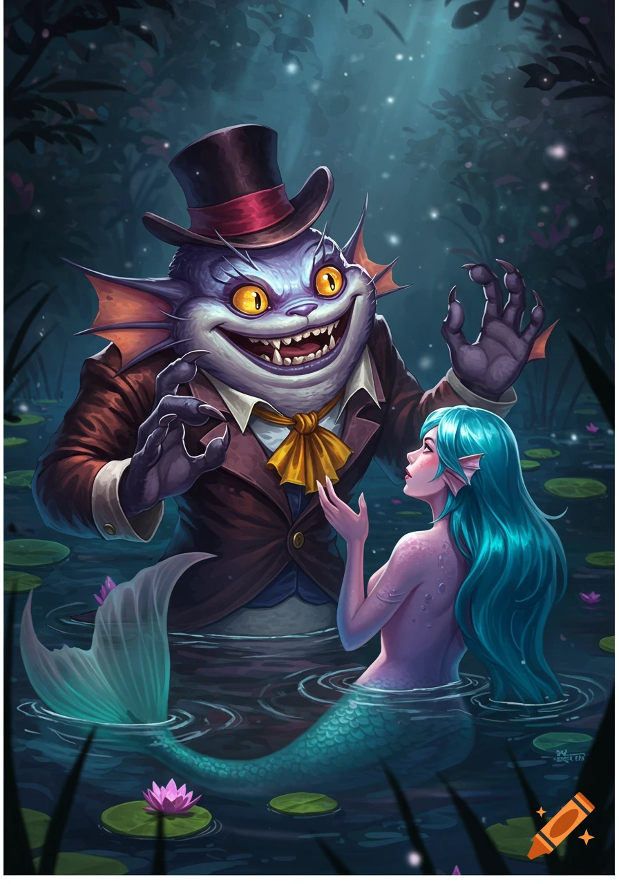 A large, grinning purple catfish-like creature in a top hat reaches out to a surprised blue-haired mermaid in a dark swamp, fantasy art.