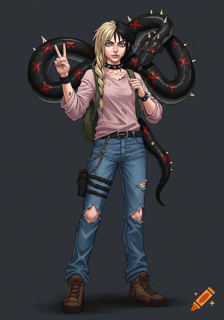 An anime-style girl with half blonde braided hair and half black messy hair, wearing a pink ripped shirt and ripped jeans, making a peace sign, with a large black spiked snake with red X marks draped over her shoulder.