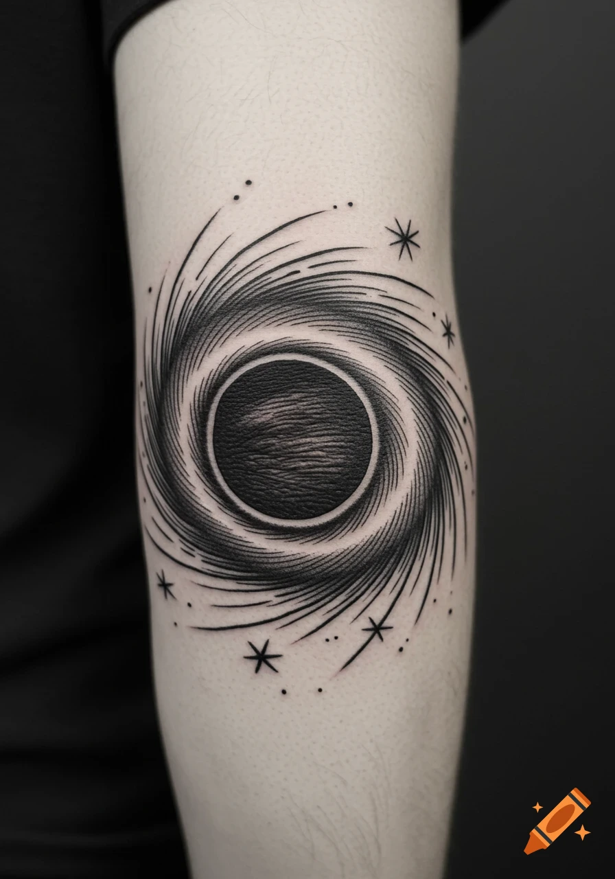 A black and white tattoo of a swirling black hole with stars on an arm.