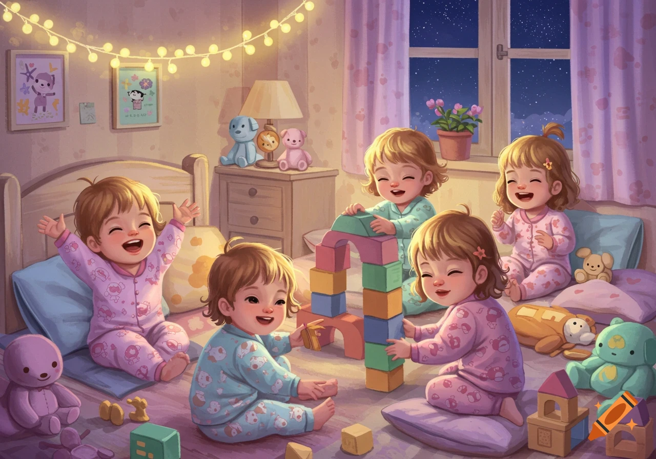 Cute baby girls in pajamas playing with blocks and toys in a softly lit bedroom with string lights.