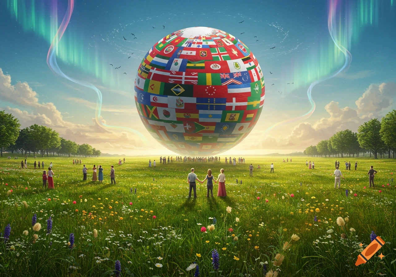 A giant sphere covered in national flags floats above a vast green meadow filled with wildflowers and many people under a clear sky with aurora lights.