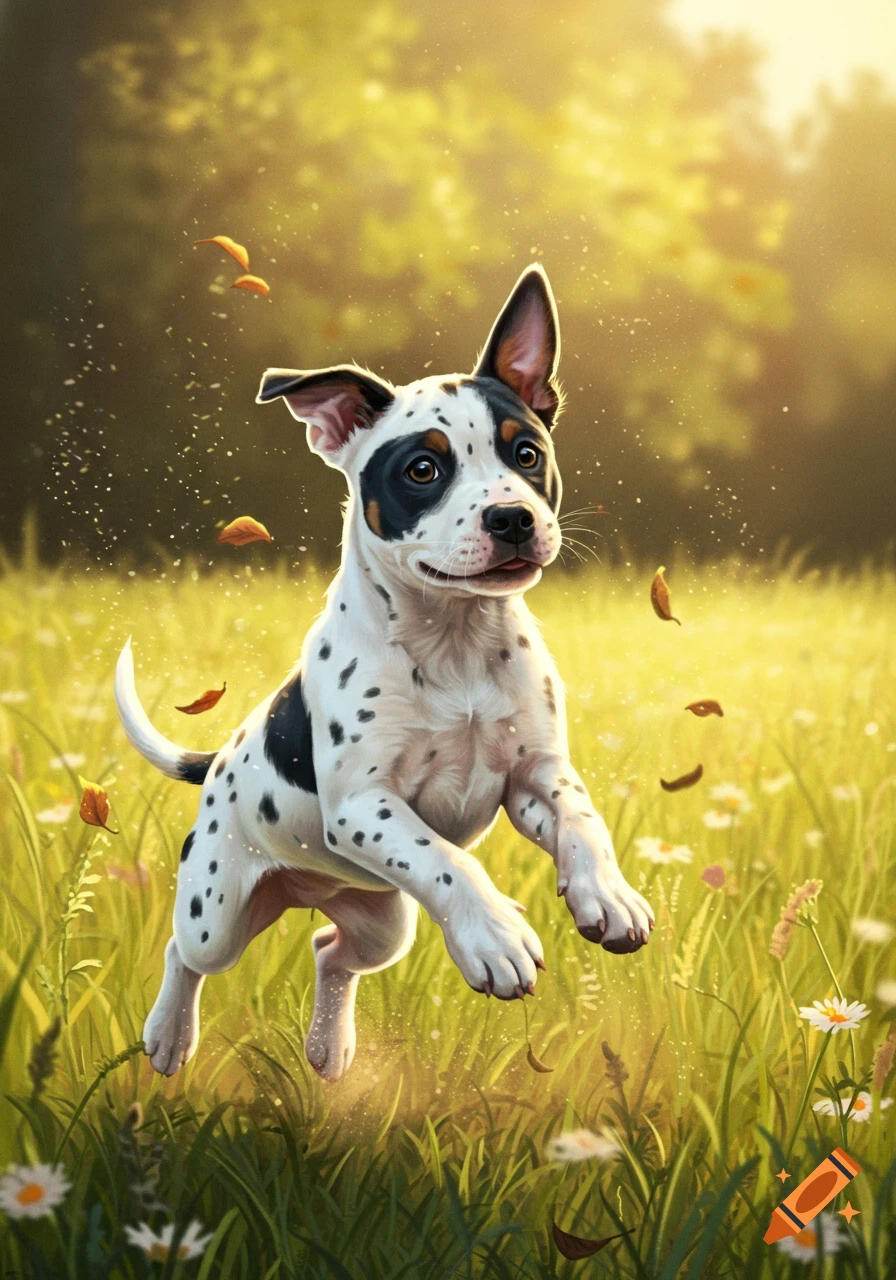 A black and white spotted puppy jumps playfully in a sunny green field with falling leaves. Illustrated.