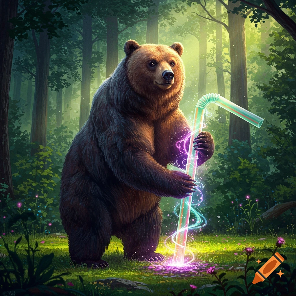 A brown bear stands in a sunlit forest, holding a glowing, magical giant drinking straw that emits light and swirls.