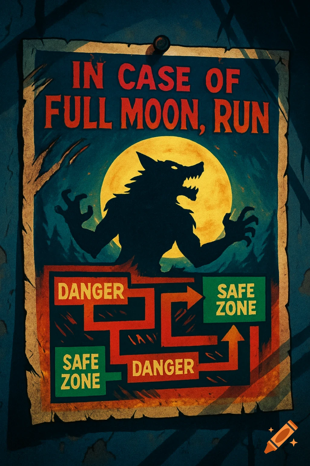 A comic book style horror poster showing a werewolf silhouette under a full moon, with the text 'In Case of Full Moon, Run' and a map.