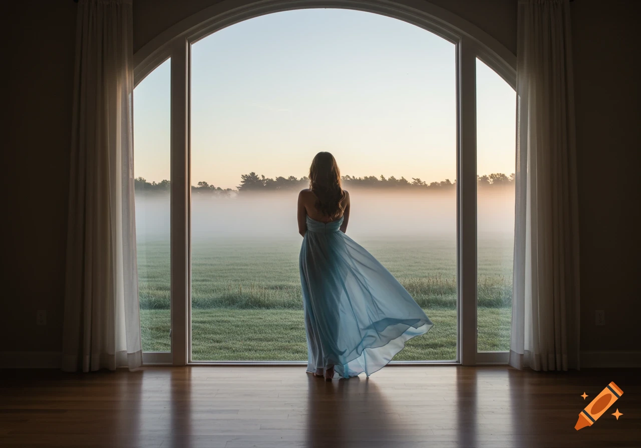 A woman in a flowing light blue dress stands with her back to the viewer, looking out a large arched window at a misty, green field during sunrise.