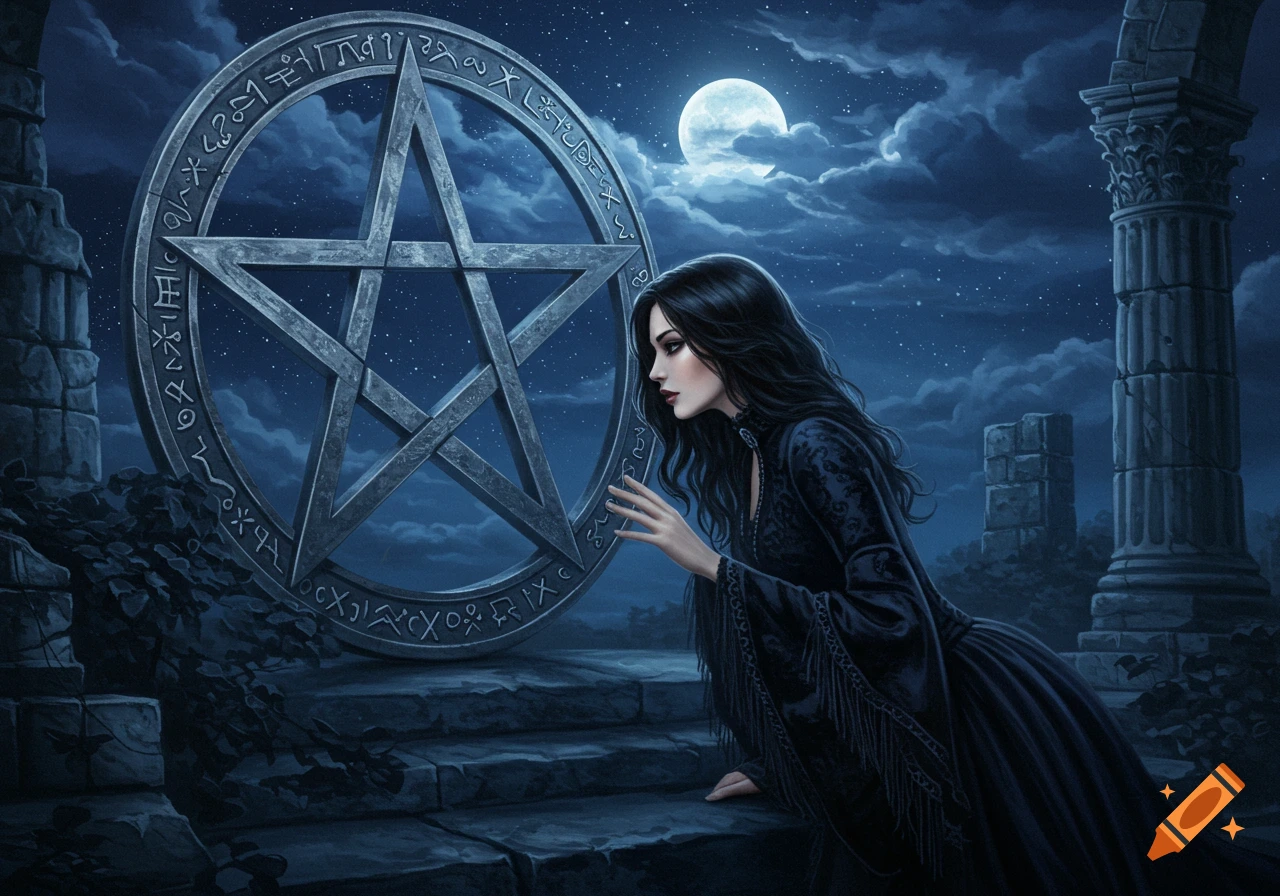 A gothic woman in a black dress gazes at a large silver pentagram with mystic symbols under a full moon in a night sky with clouds and ruins, in a digital painting style.