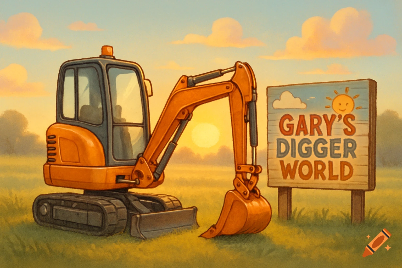 A bright orange mini excavator sits in a grassy field next to a wooden sign that reads 'Gary's Digger World' under a sunset sky with clouds.
