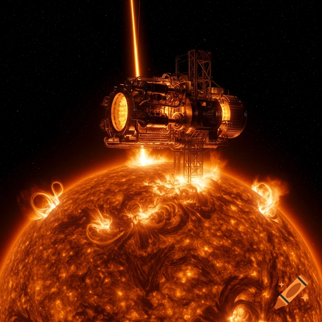 Photorealistic colossal Stirling engine resting on a burning sun in space with solar flares.