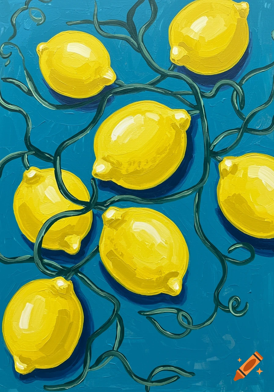 An abstract painting of bright yellow lemons connected by dark green vines on a deep blue background.