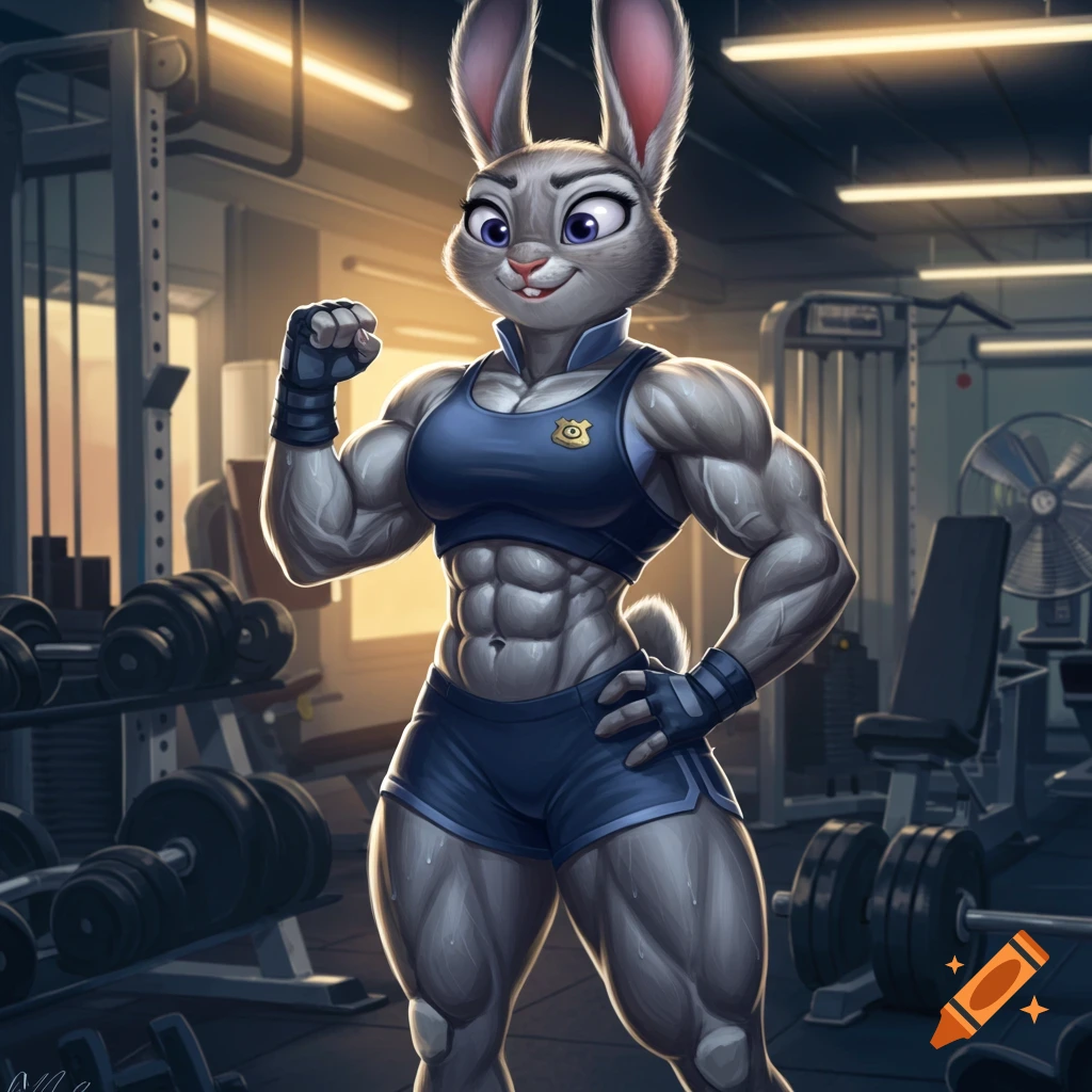 Muscular Judy Hopps flexing in a navy blue sports bra and shorts in a gym.