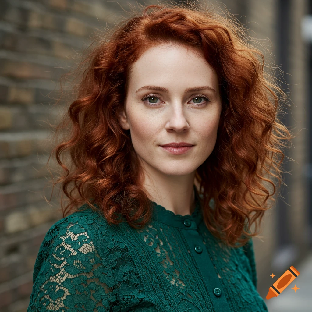 A realistic portrait of a woman with curly red hair and green eyes, wearing a dark green lace blouse against a brick wall.
