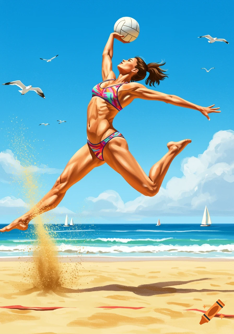 Illustrated beach volleyball player in a colorful bikini jumping to spike a ball on a sunny beach with seagulls and sailboats.