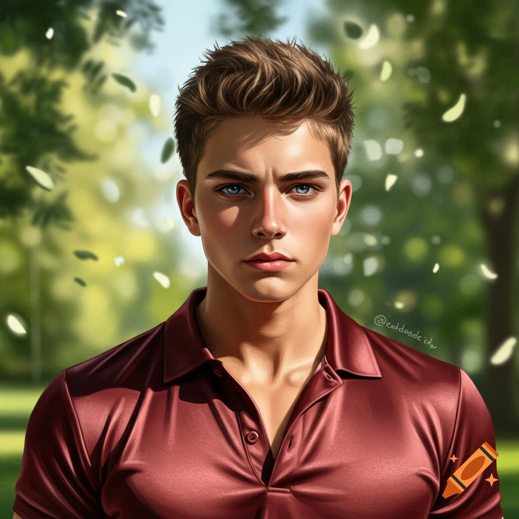 A young man with blue eyes and spiky brown hair, wearing a dark red polo shirt, stands outdoors with a blurred green background.