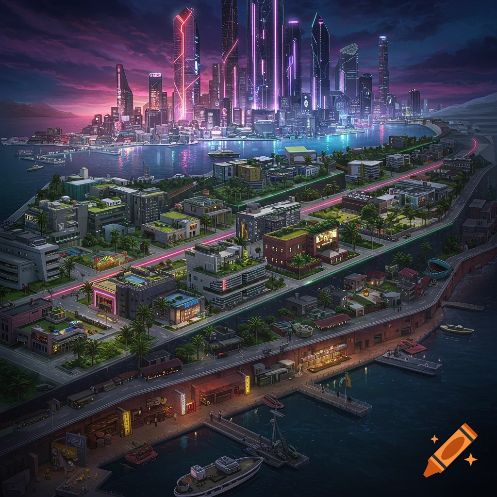 Aerial view of a sprawling futuristic city with towering skyscrapers glowing with neon lights, a river, and layered urban areas at dusk.