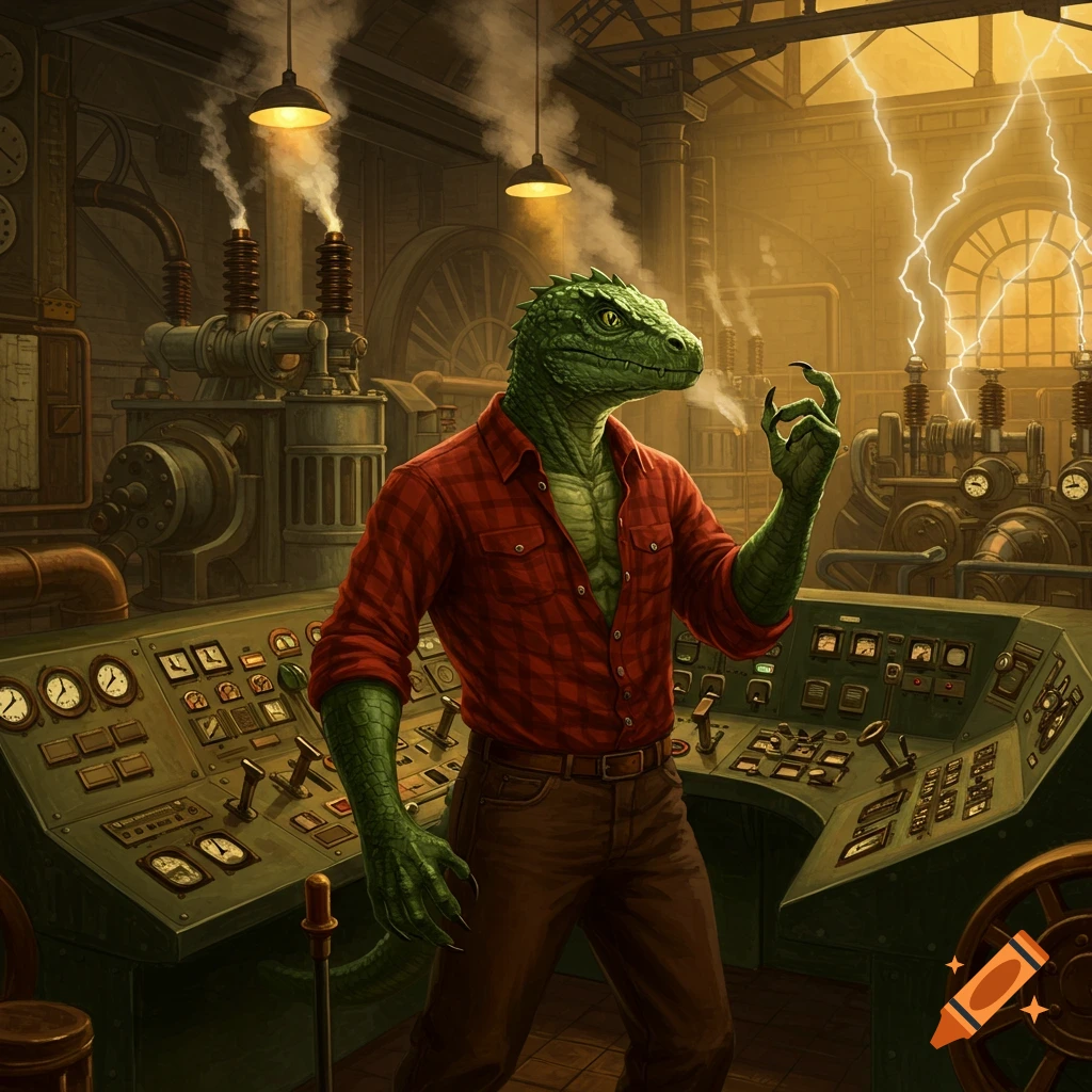 A lizard man in a red plaid shirt operates a control panel in a steampunk-style power plant with arcing electricity.