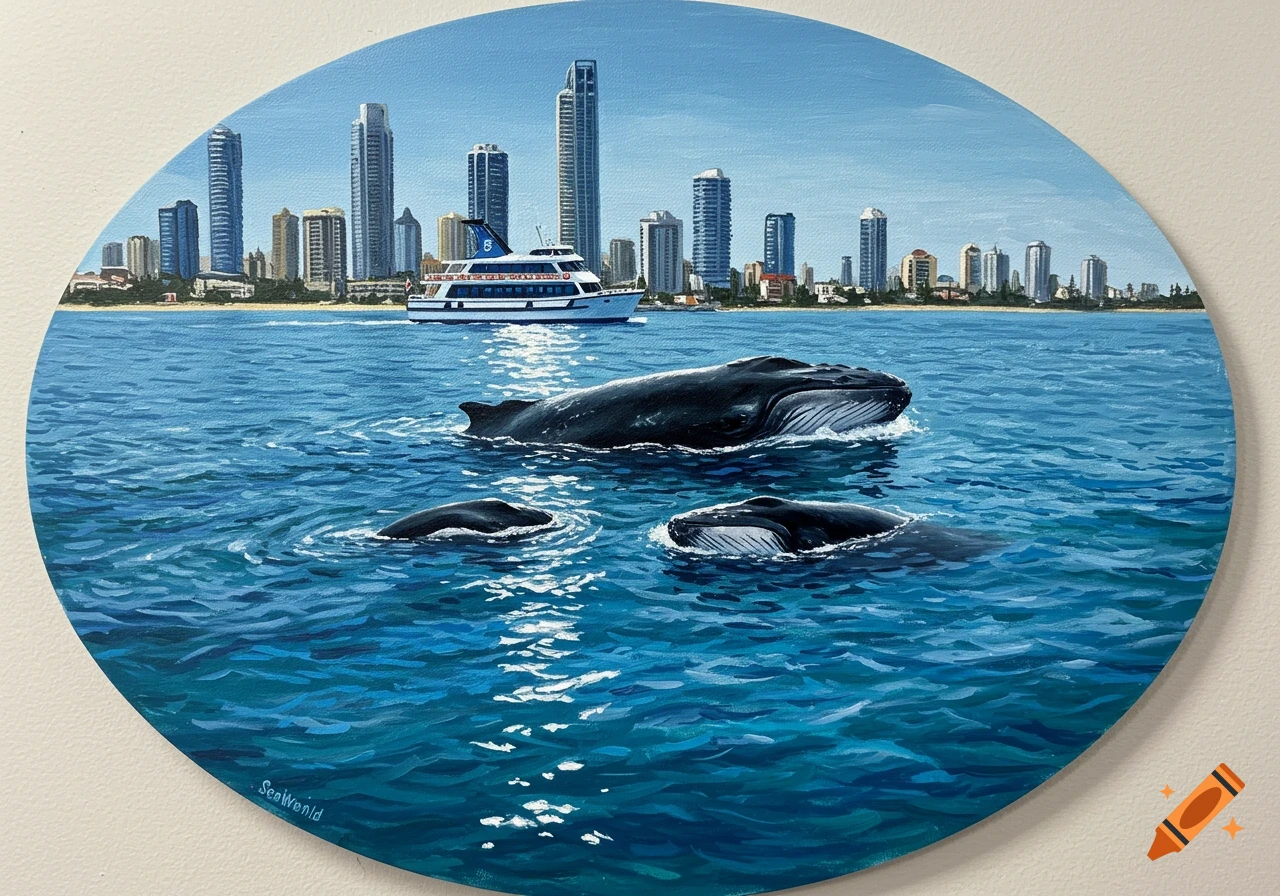 A round acrylic painting depicts humpback whales swimming in the foreground, with a large boat and city skyline in the background.