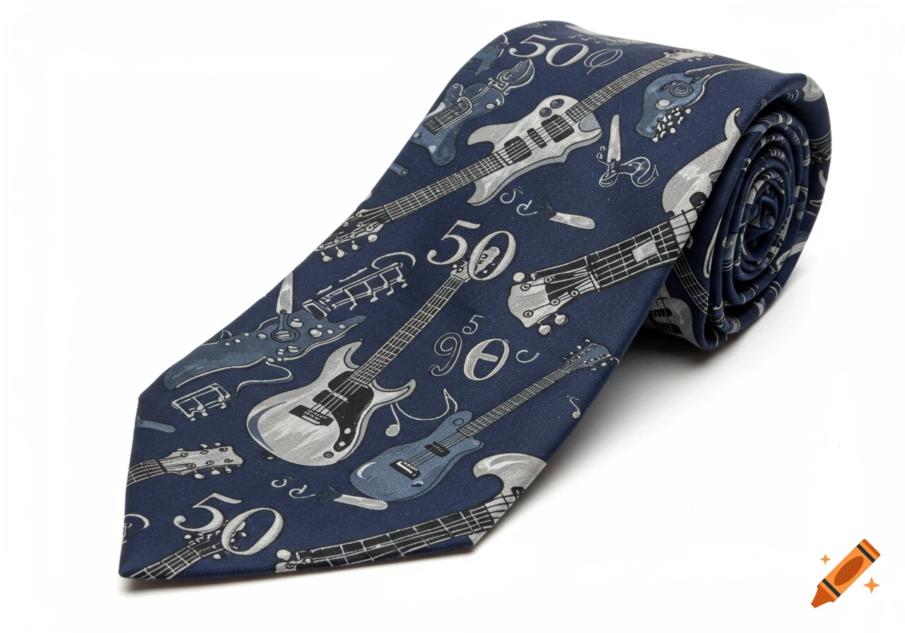 Dark blue necktie patterned with stylized silver guitars, music notes, and the number 50.
