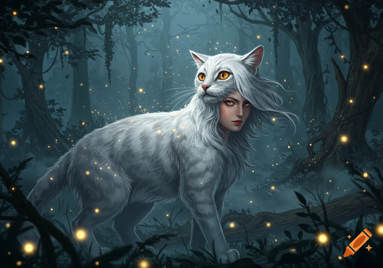 A white cat with a human face and flowing white hair stands in a dark, misty fantasy forest with glowing lights.