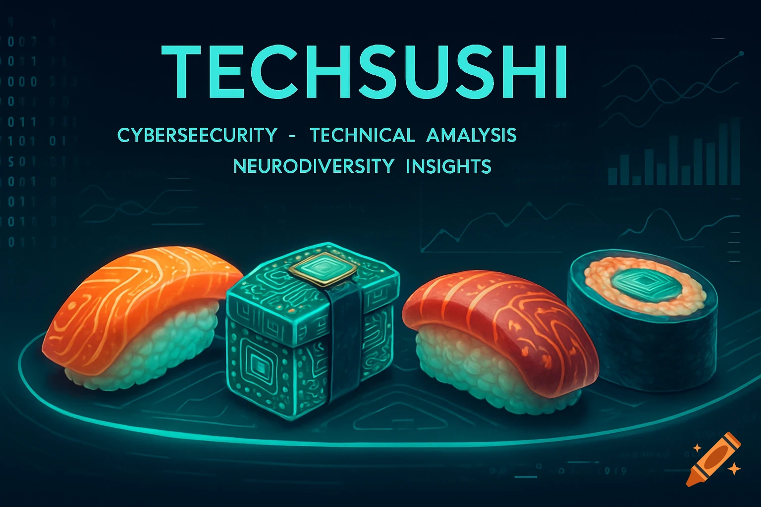 A brand banner for TechSushi featuring digital sushi with circuit board designs on a dark, tech-themed background with binary code and charts.