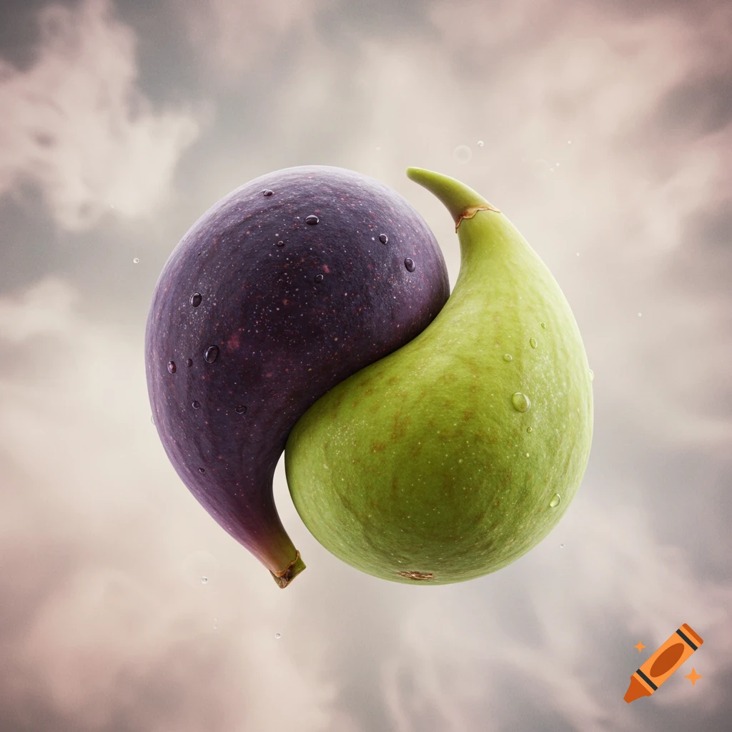 Two photorealistic figs, one dark purple and one green, arranged like a Yin-Yang symbol with water droplets, against a soft cloudy sky.