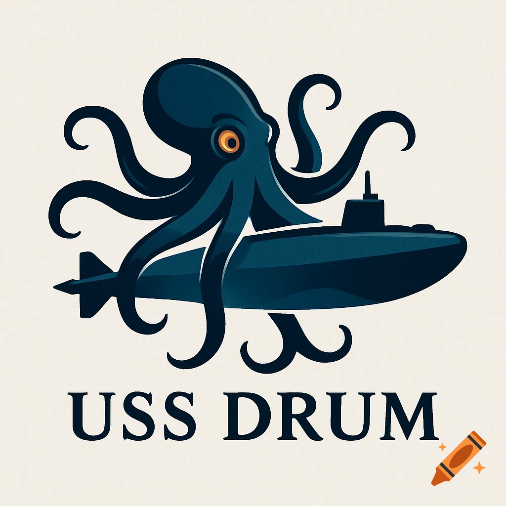 An illustrated logo of a dark blue octopus wrapping its tentacles around a submarine, with the text USS DRUM below it.