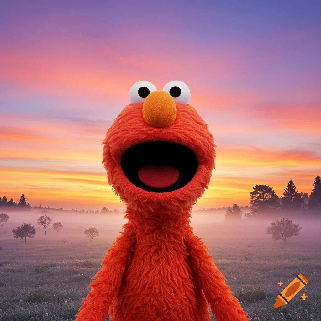 Photorealistic Elmo with his mouth wide open stands in a foggy field under a vibrant purple, pink, and orange sunrise sky.